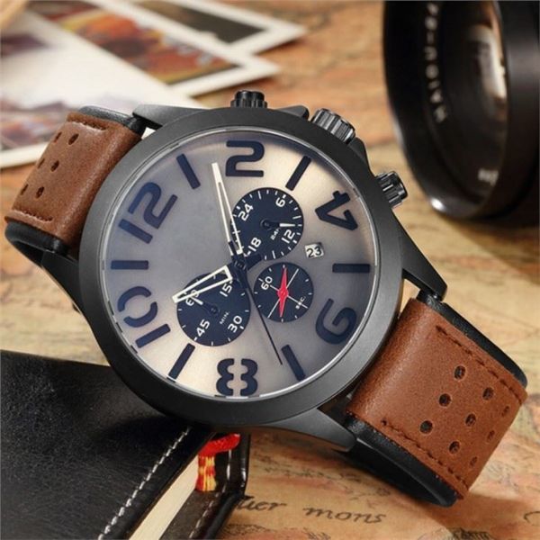 Pin Buckle Triple Date Calendar Watch Leather Belt Mens Chronograph Watches