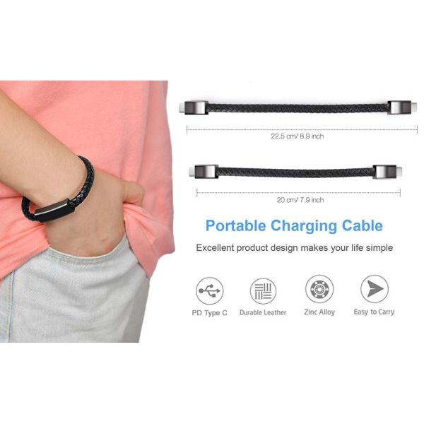 USB C To USB C Short Charging Cable 7.9in Portable Fashion Fast Bracelet Charger Wrist Data Transfer Cord For IOS Huawei Samsung Galaxy LG Android