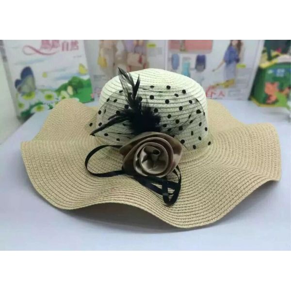 Unisex Summer Straw Beach Hat With Nylon Strip Ribbon / Mesh Inside Fabric
