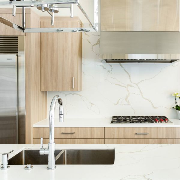 Wood Grain Melamine Finish Kitchen Cabinets With Pantry L Shape