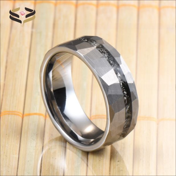 8mm Tungsten Silver Hammered Meteorite Inlay Ring for Men's Shaving Wedding