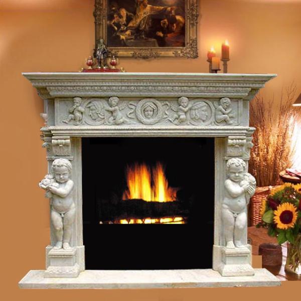 Electric marble fireplace mantel surrounds with stone figure carvings,China marble fireplace supplier
