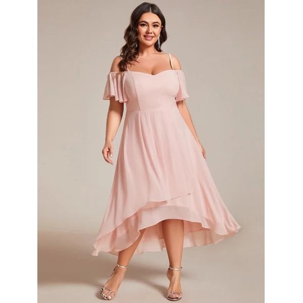 Empire Off-shoulder Spaghetti Strap Zipper High-low Wedding Guest Dresses Short Sleeves Pink Chiffon Bridesmaid Dress