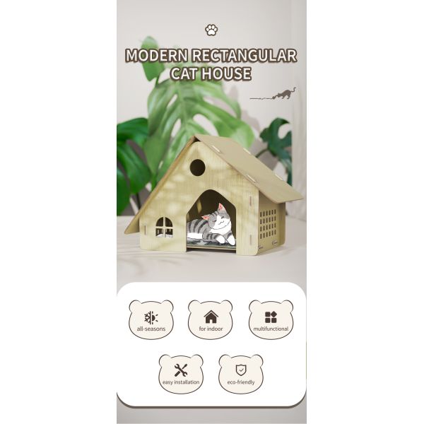 Snap Button Closure Indoor Wooden Cat House Made of HDF Board for Your Feline Frien