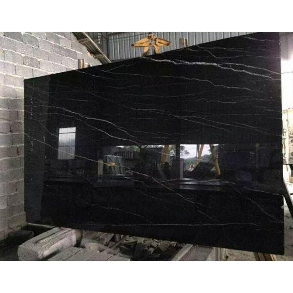 Polished Marble Stone Tile , Black Marble With White Veins For Sink Wash Basin