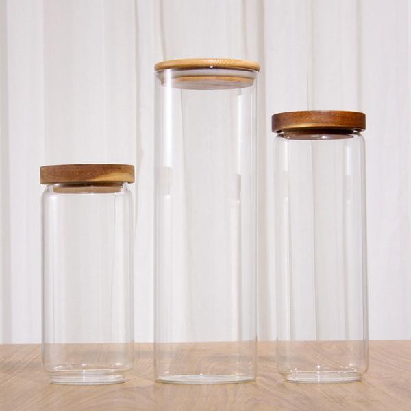 Stripe Borosilicate Glass Jar with Acacia Wood Screw Lid