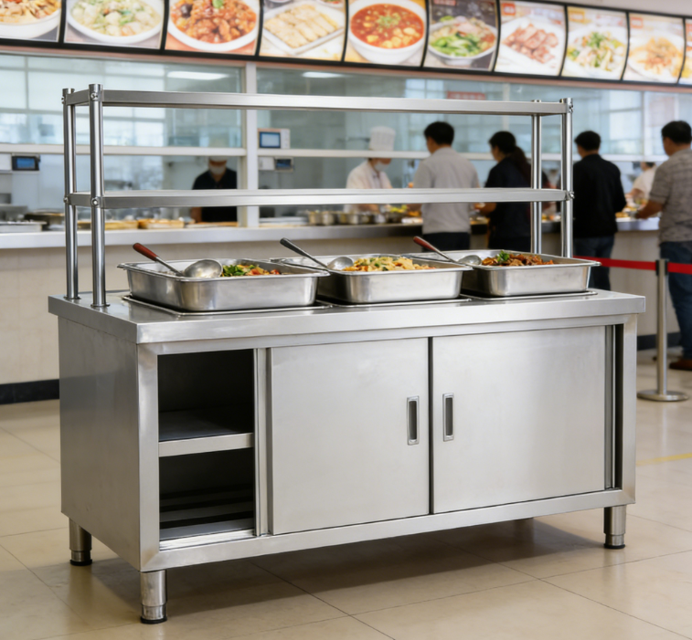 500 kg/㎡ Load Capacity Stainless Steel Workbench with Sliding Door Design for Commercial Kitchen Storage