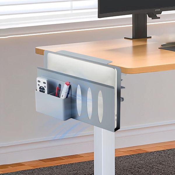 Серый ноутбук держатель Столовой зажимный организатор Металл без бурения Вертикальное офисное хранилище стола