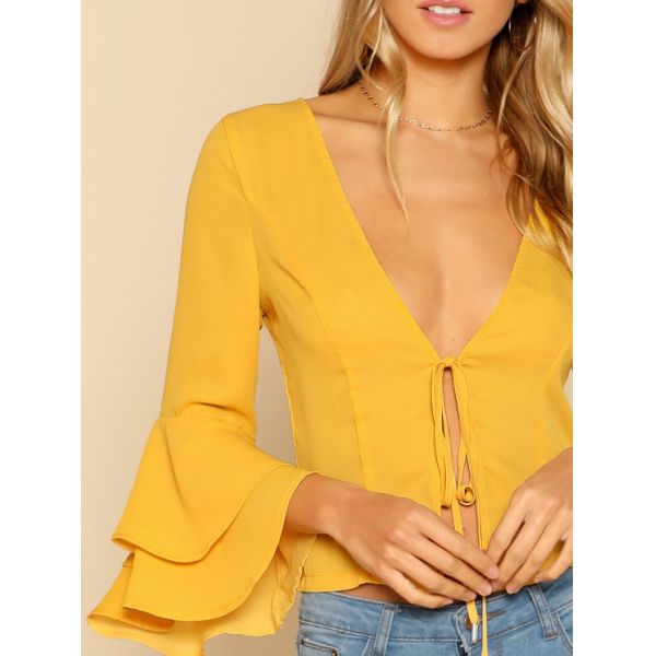Lady deep v neck flounce sleeve sexy fashion blouse with tie