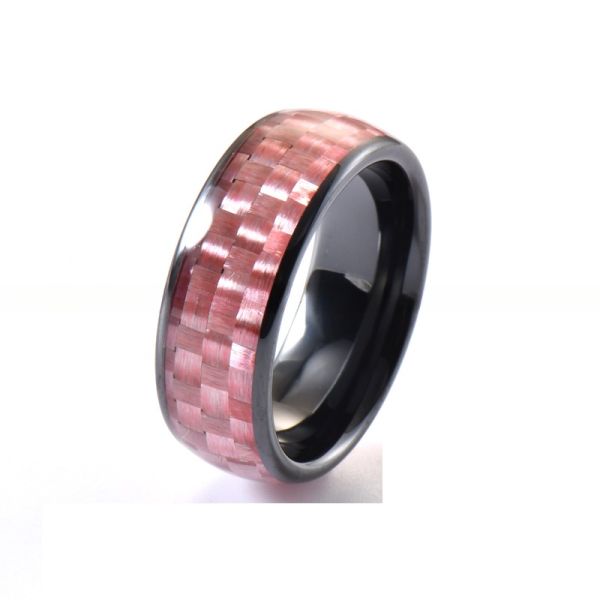 Banda de boda de cerámica negra de 8 mm con incrustación de fibra de carbono rosa y ajuste invisible