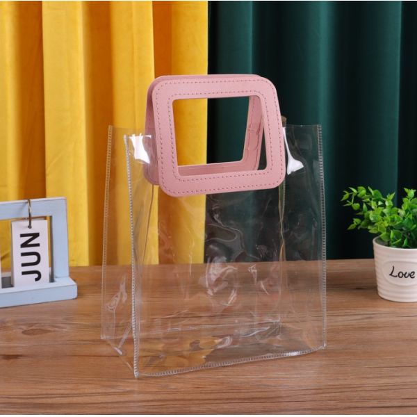 Leather Handle Reusable Handbag Transparent PVC Plastic Gift Wrap Tote Bag for BEACH BAG