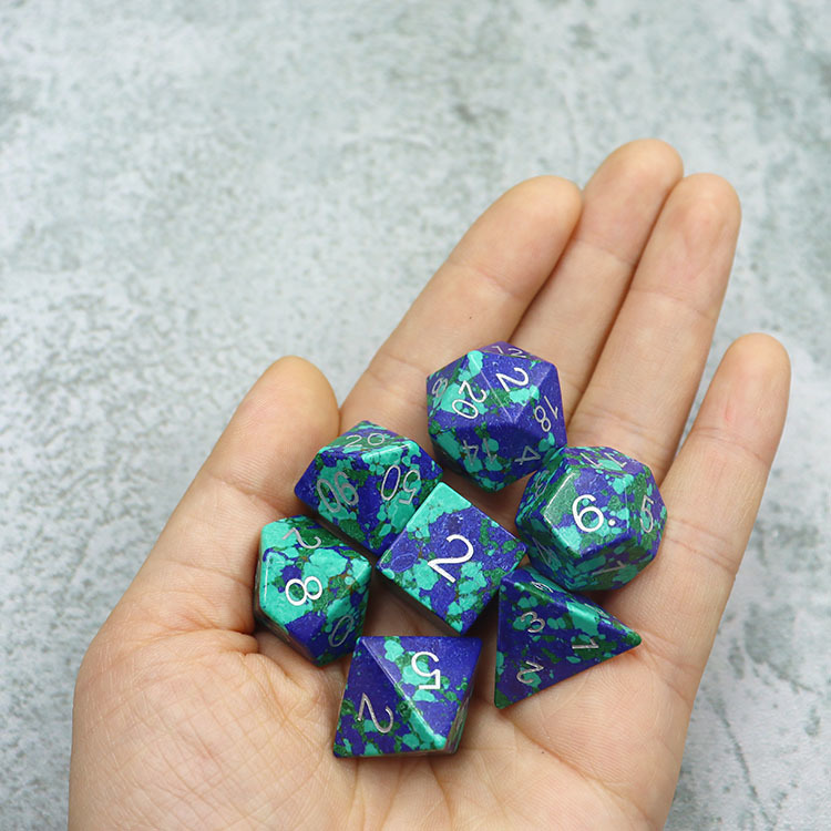 Natural Azurite Malachite Stone Polyhedral Dice Set - Hand Carved DND Dice with Silver Ink Engraved Numbers