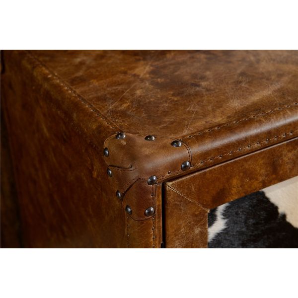 Full Handwork Craft Brown Leather TV Stand Cow Leather Fur Cover Brass Nails Decoration