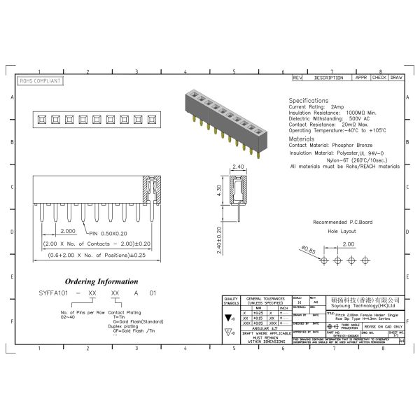 2.00mm Single Row Female Header Connector with Through Hole PCB Mount for Board to Board Connection