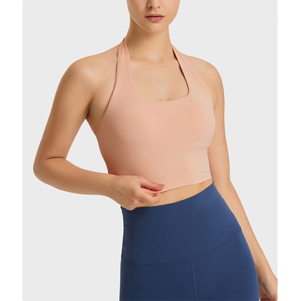 Halter Neck Womens Sports Bra Sexy Pleated Back Crop Tops With Removable Pad