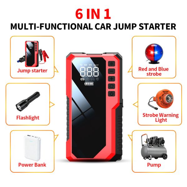 Multi Function Portable Battery Jump Starter 6400mAh 8000mAh 12V Emergency Jump Starter With Air Compressor