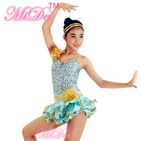 Gold Metallic Edged Hip Hop Dance Costumes Tiered Wire Hem Skirt Sequins Bodice with Flowers Trims