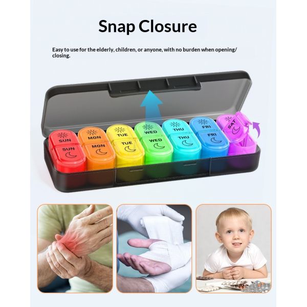 Portable Weekly Seven-Day Plastic Medicine Organizer Pill Box Two Meal Dosage Sealed Mini Compartmentalized Design JH Medibox