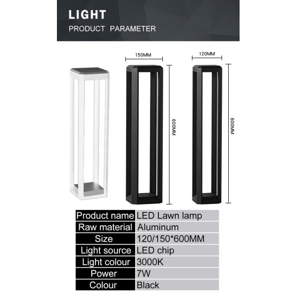 Negro llevado del aluminio 120*150*600m m 7w 3000k de la lámpara del césped