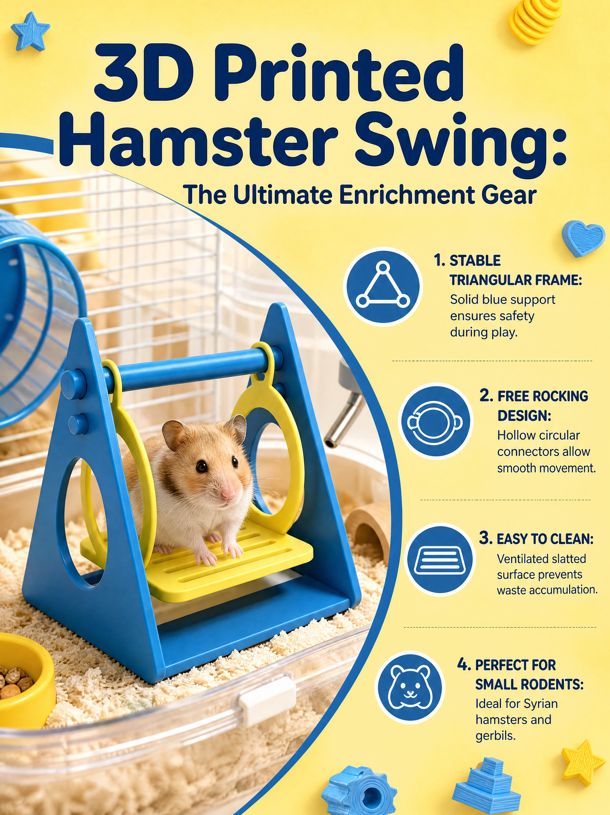 Colorful Blue-Yellow Hamster Hanging Swing Toy, 3D printed Pet Accessories Interactive Play Toy for Small Pets