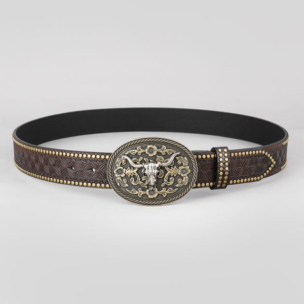 Unisex Vintage Cow Head Embossed PU Leather Belt with Buckle Fastening Western Rivet Belt