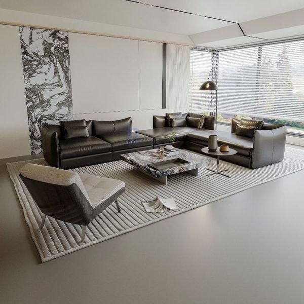 Modular Modern Italian Minimalist Black Leather Sofa Head Layer Cowhide Large Flat Layer Straight Row Corner Down Sofa