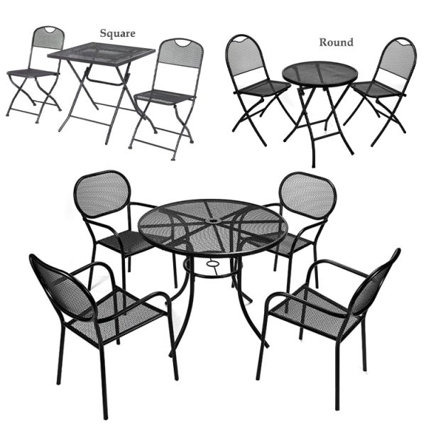 Outdoor Bistro Cafe Garden Courtyard Patio Metal Iron Round Tables And Chair Set with Umbrella Hole in Modern Design