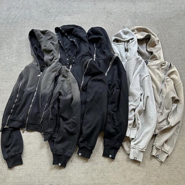 Triple fermeture à glissière sur mesure Poids lourd Français Terry décoloré Acide Wash Hoodie