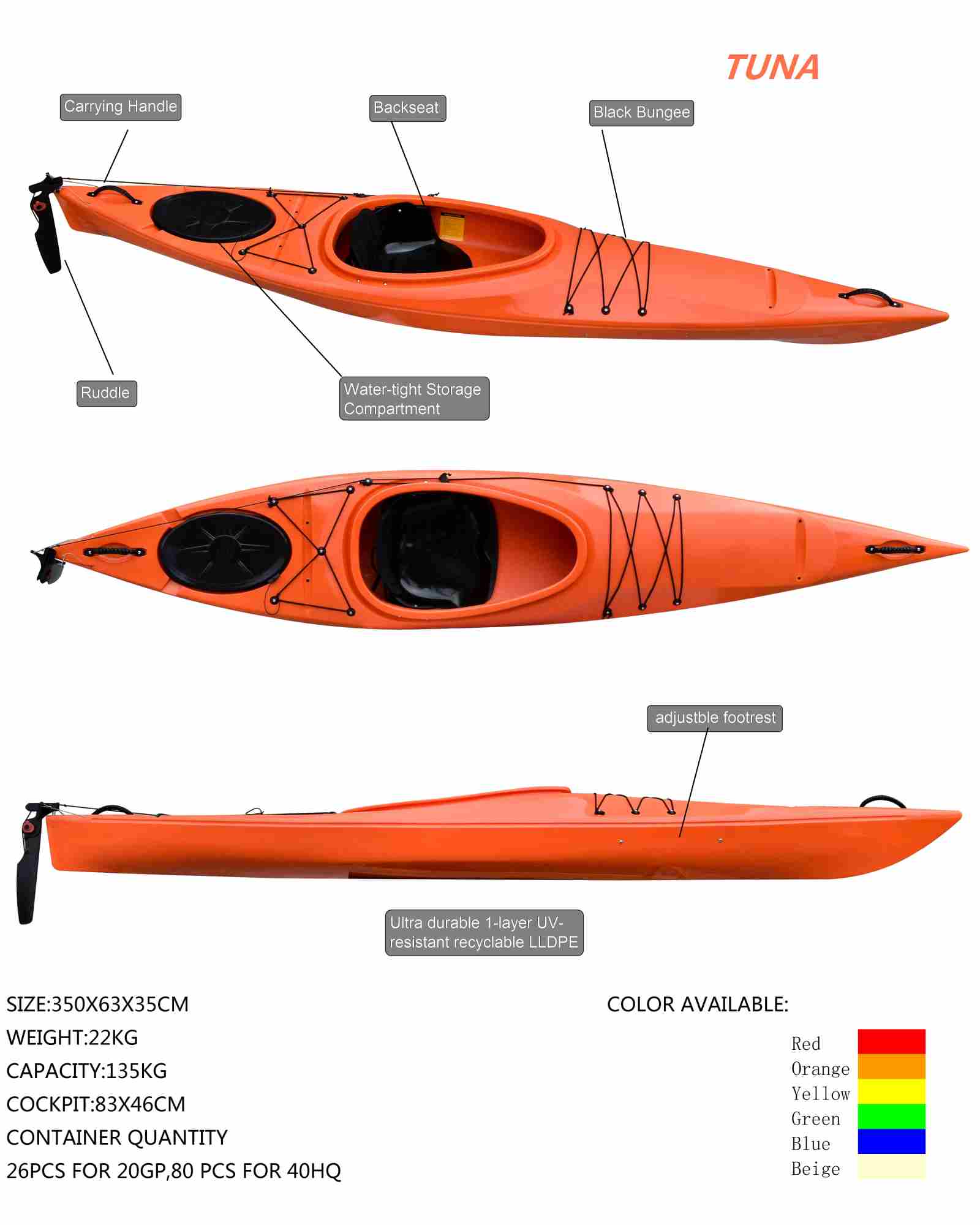 УЛЬТРАФИОЛЕТОВАЯ устойчивая 12 ноги сидит в каяке, оранжевый цвет сидит каяк внутренности тандемный с штурвалом