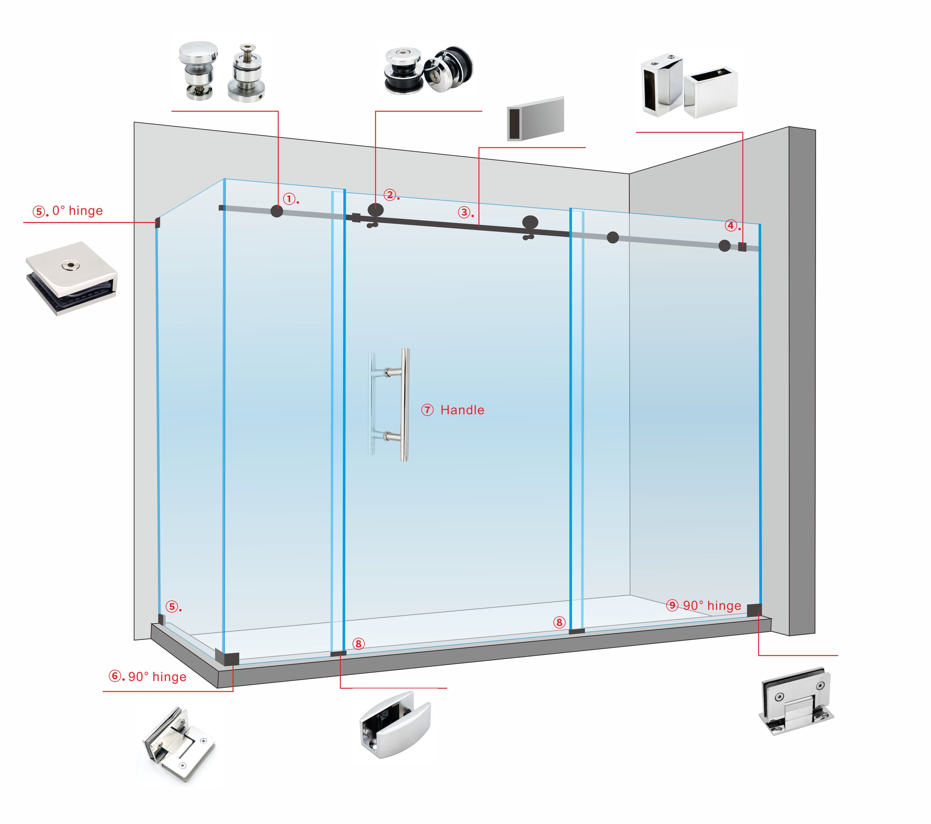 Внутренняя скользящая стеклянная дверная ручка из нержавеющей стали SS 304 с полированной отделкой