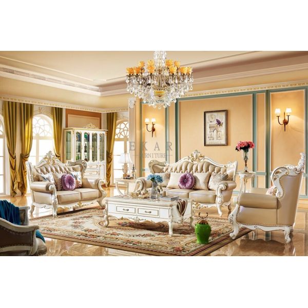 Living Room Luxury Wooden Frame Leather Sofa Set