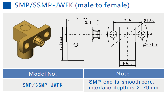 50Ω Right Angle SMP Male to SSMP (SMPM) Female RF Coaxial Adapter 40GHz 170V