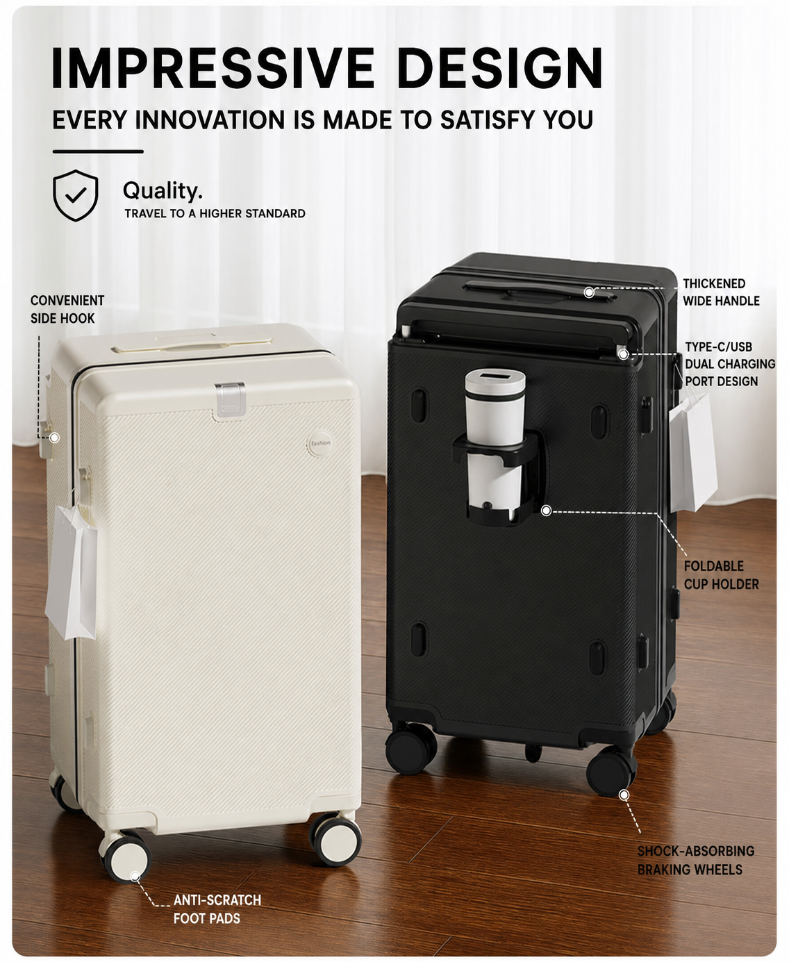 Deep Component Hard Shell Wide Trolley Luggage