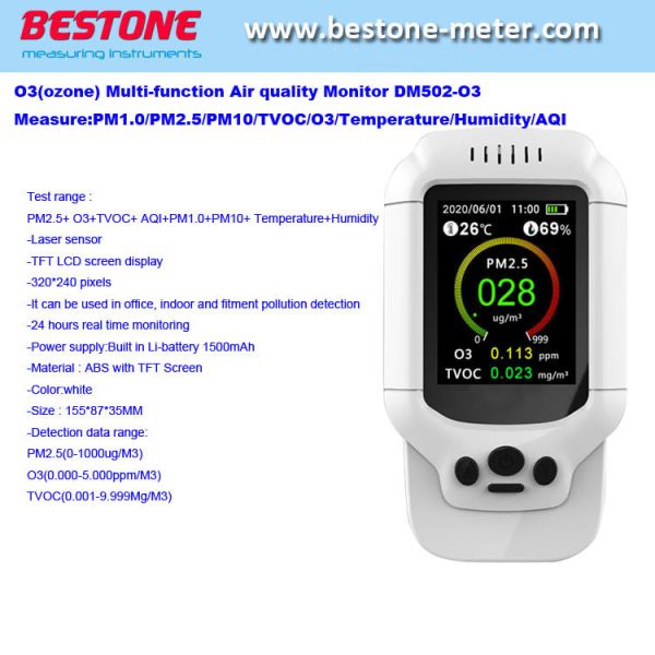 Multi-Function Air Quality Monitor, Measrue Pm1.0/Pm2.5/Pm10/Tvoc/O3/Temperature/Humidity/Aqi Dm502-O3