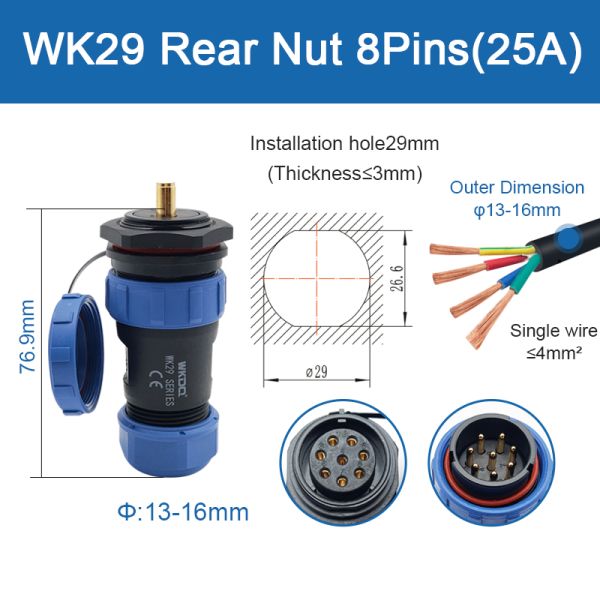 Pin impermeável rosqueado da montagem IP68 Wk29 do painel da tomada do conector do cabo do soquete