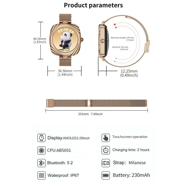 AW5 Women's Fashion Smart Watch 1.09 Inch AMOLED Square BT Call Female Health