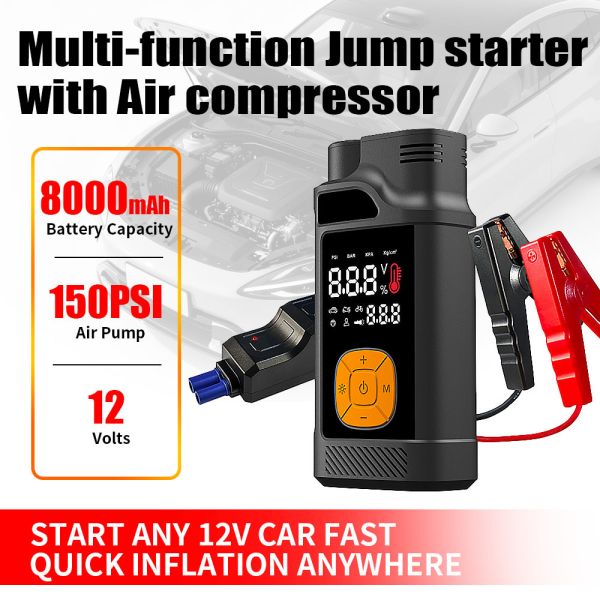 8000mAh Portable Power Automobile Jump Starters With Air Compressor Flashlight Lighting