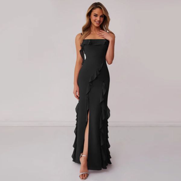 Excellent Plus Size Black Chiffon Bridesmaid Dress Sheath Spaghetti Straps Ruffles Backless Straight Front Split Slit