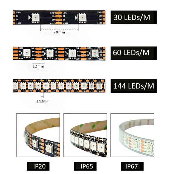 Ws2815 Digital Rgb Led Strip Individual Addressable Daul Data Signals 60 LEDs 144 Pixels