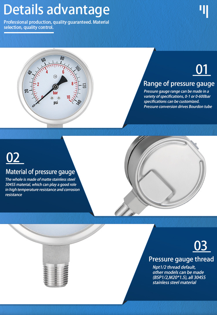 100mm 304SS 316ss Stainless Steel Glycerin Filled Water Gas Hydraulic Pressure Gauge