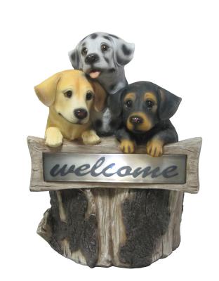 Hand Cast 3 Puppies Welcome Garden Solar Light for Backyard OEM Acceptable