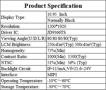 10.95 Inch IPS Medical TFT LCD Module 1200×1920 MIPI Display