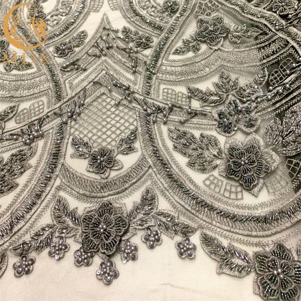 Beaded Sequin 3D Embroidery Lace Fabric Grey Tulle For Dress