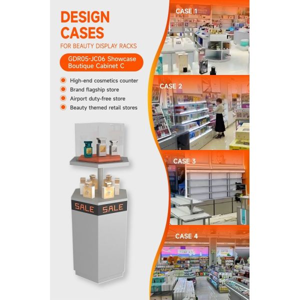 GDR05-JC06 Beauty Display Rack with 40mm Iron Round Tube and 5mm Transparent Glass Cover for Mall Promotion Area