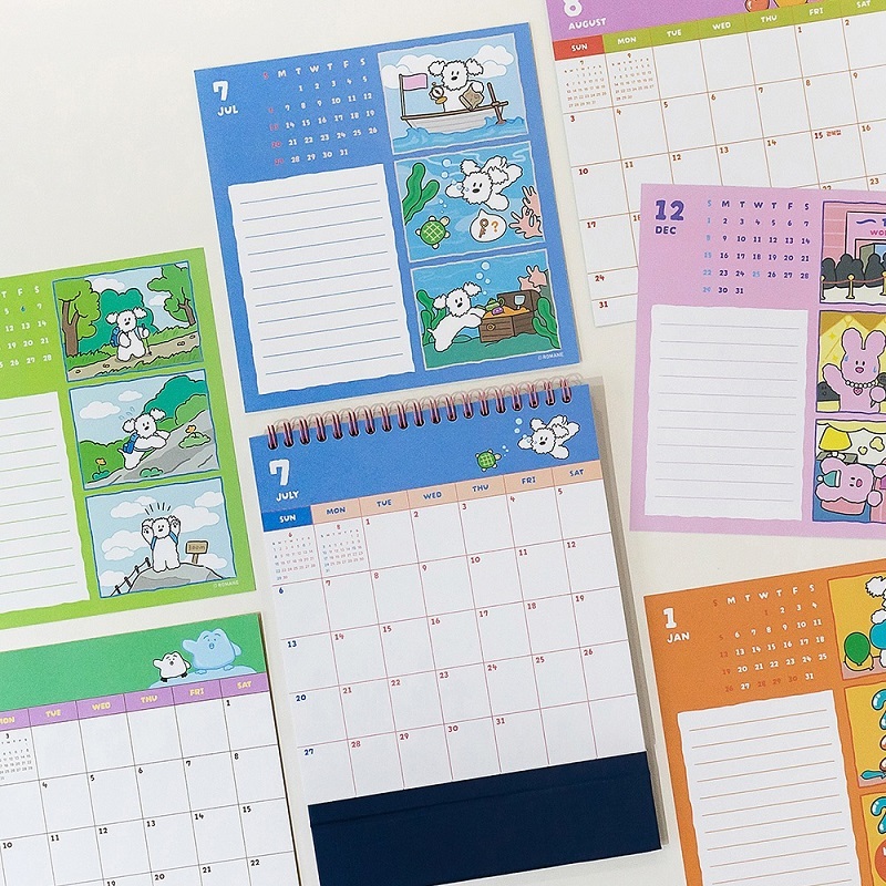 Cartoon Animal Illustrated Desktop Stand-Up Calendar With Wire-O Binding