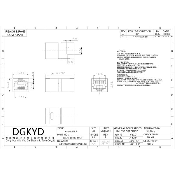 Shielded RJ45 straight through module side copper shell without buckle DGKYD-US030-006E