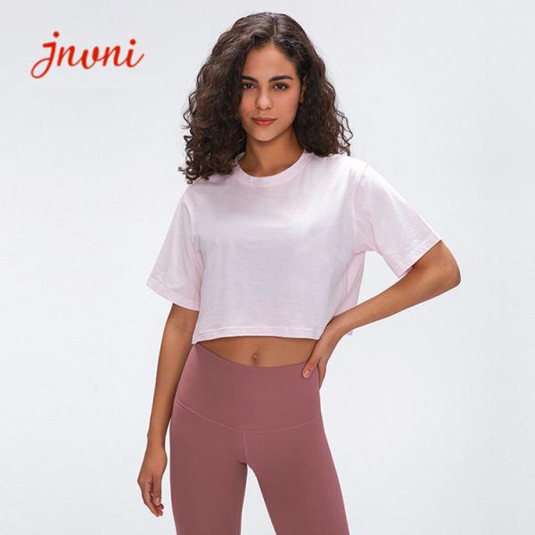 Women Fitness Cotton Yoga Loose Fit T-shirts Basic Crew Neck Breathable Gym Crop Top