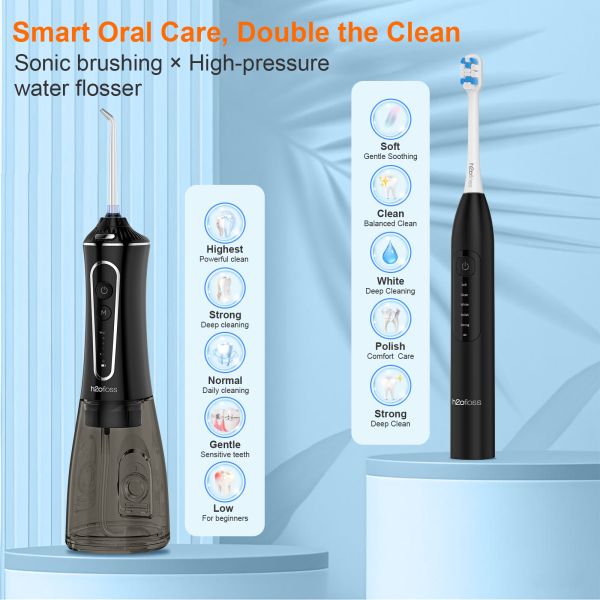 Private Label IPX7 Waterproof Electric Toothbrush Water Flosser Rechargeable 2-in-1 1400 Milliampere Lithium-Ion Battery 5 Modes