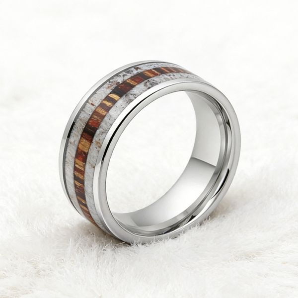 8mm Tungsten Ring with Celtic Deer Inlay and Deer Antler Wedding Band for Men and Women
