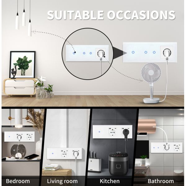 UBARO Smart Touch Light Switch + Dual EU Schuko Power Outlet Combo, Tempered Glass Wall Plate, AC 110V-250V, White, Home Electrical Socket with Touch Control